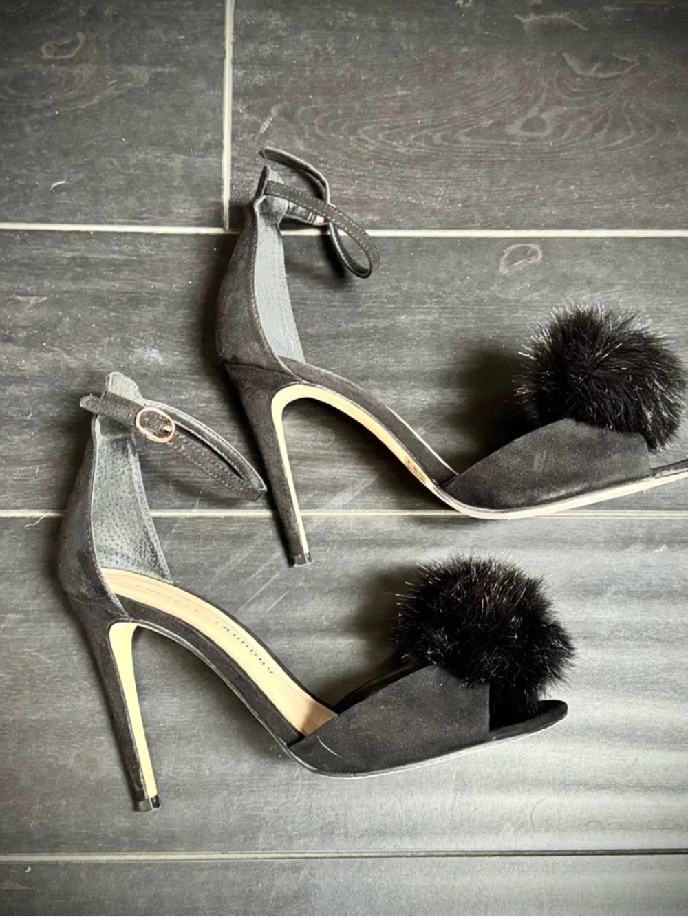Chinese Laundry Black Ankle-Strap Heels with Pom-Pom
